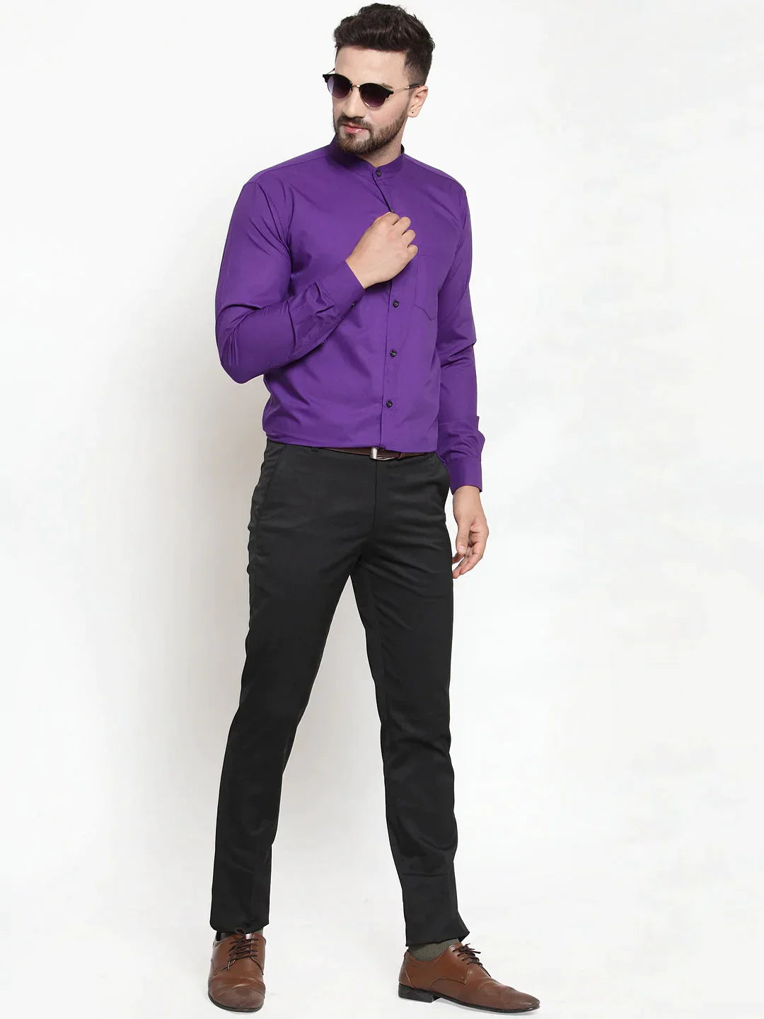 Men's Purple Cotton Solid Mandarin Collar Formal Shirts - Taantav