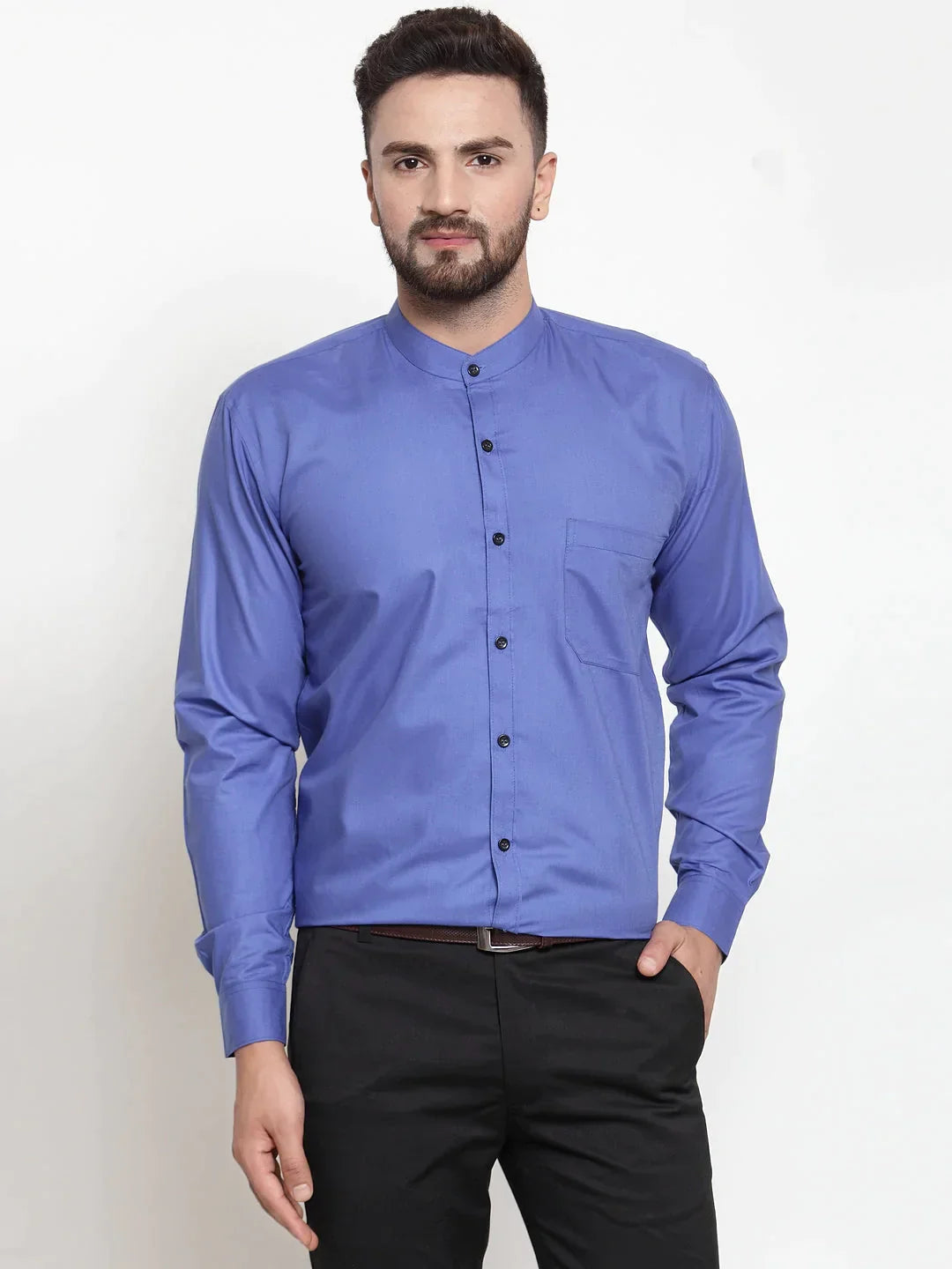 Men's Blue Cotton Solid Mandarin Collar Formal Shirts - Taantav