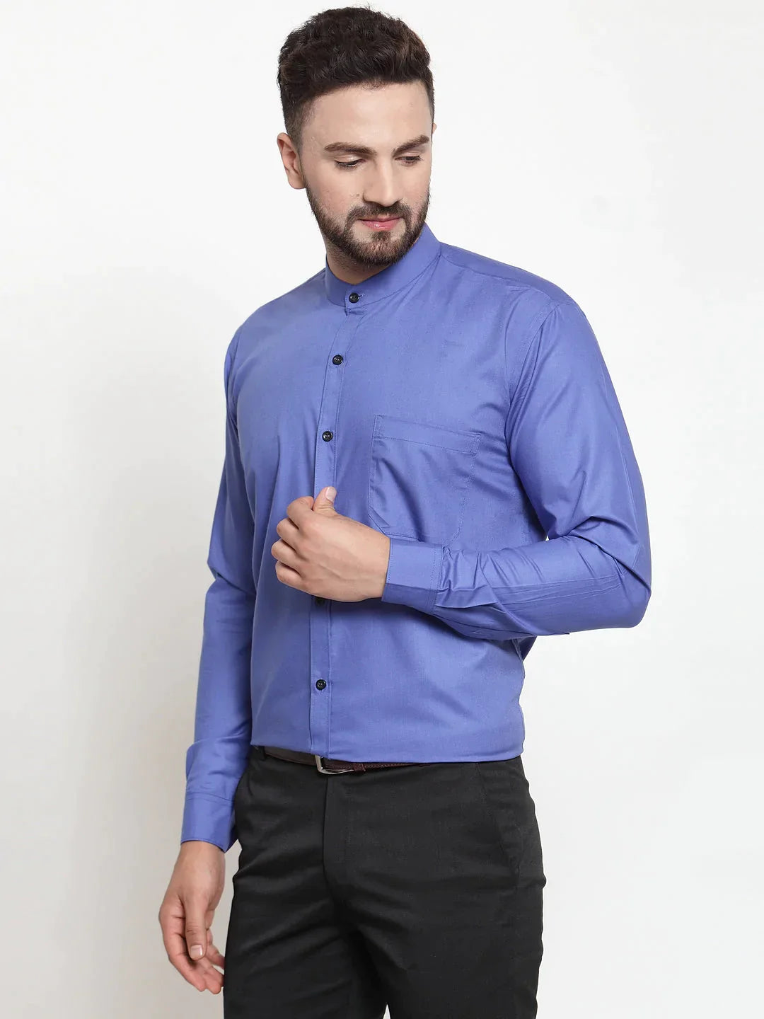 Men's Blue Cotton Solid Mandarin Collar Formal Shirts - Taantav