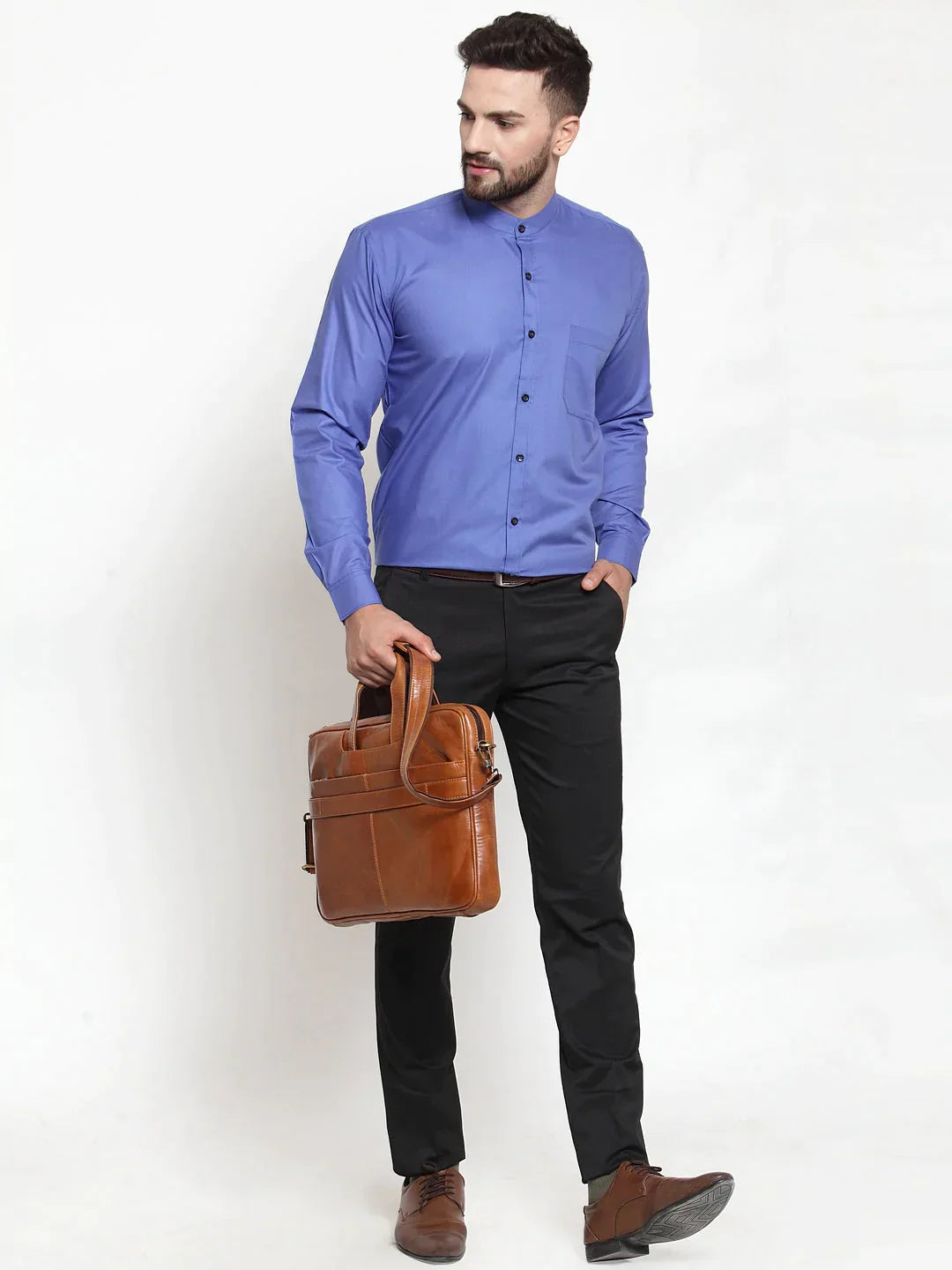 Men's Blue Cotton Solid Mandarin Collar Formal Shirts - Taantav