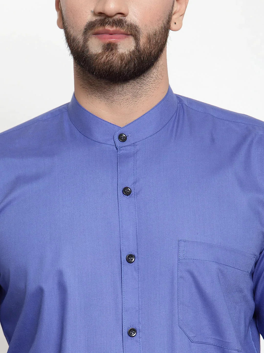 Men's Blue Cotton Solid Mandarin Collar Formal Shirts - Taantav