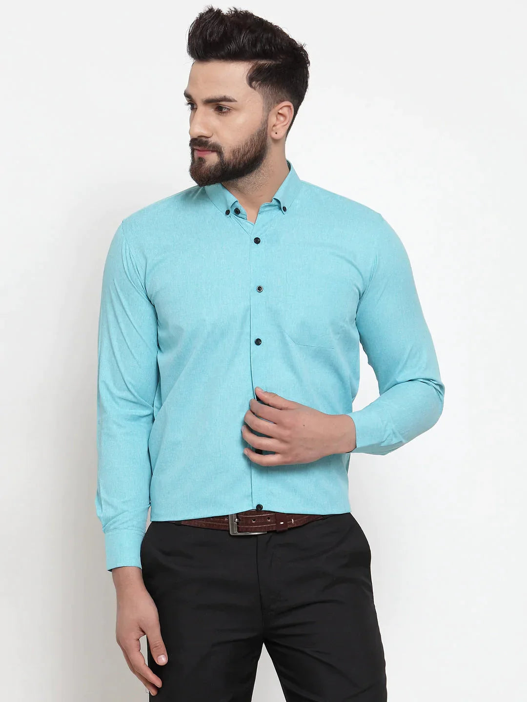 Men's Green Cotton Solid Button Down Formal Shirts - Taantav