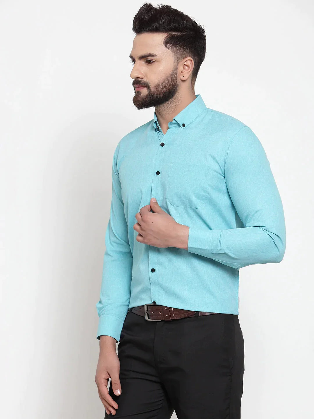 Men's Green Cotton Solid Button Down Formal Shirts - Taantav