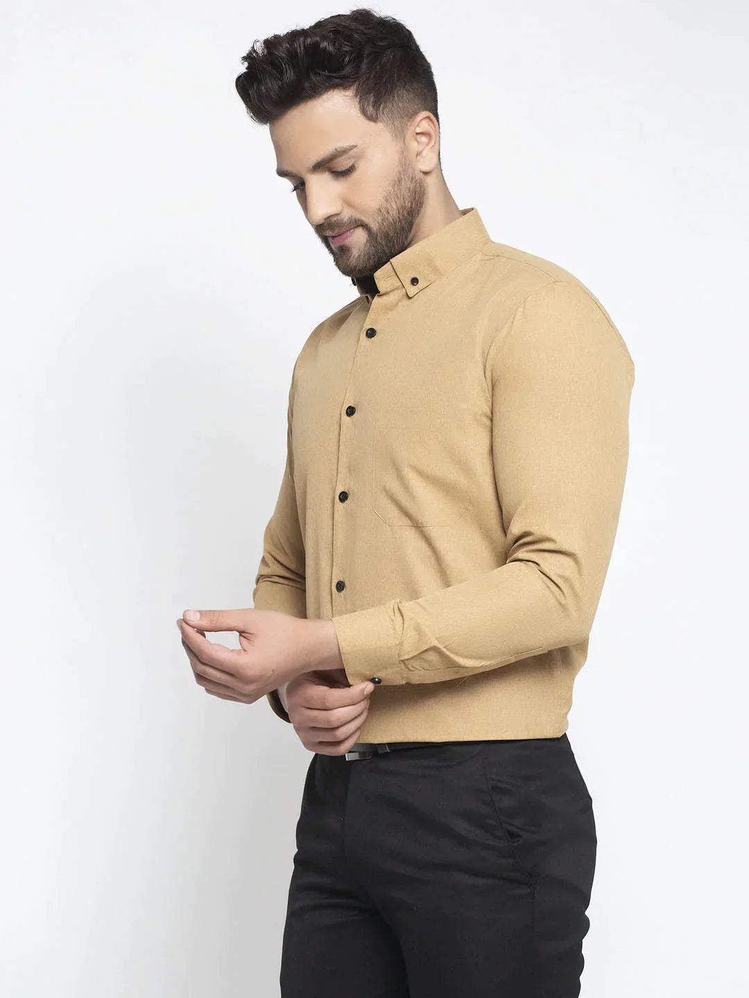 Men's Beige Cotton Solid Button Down Formal Shirts - Taantav