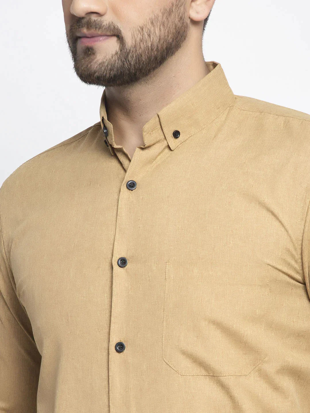 Men's Beige Cotton Solid Button Down Formal Shirts - Taantav