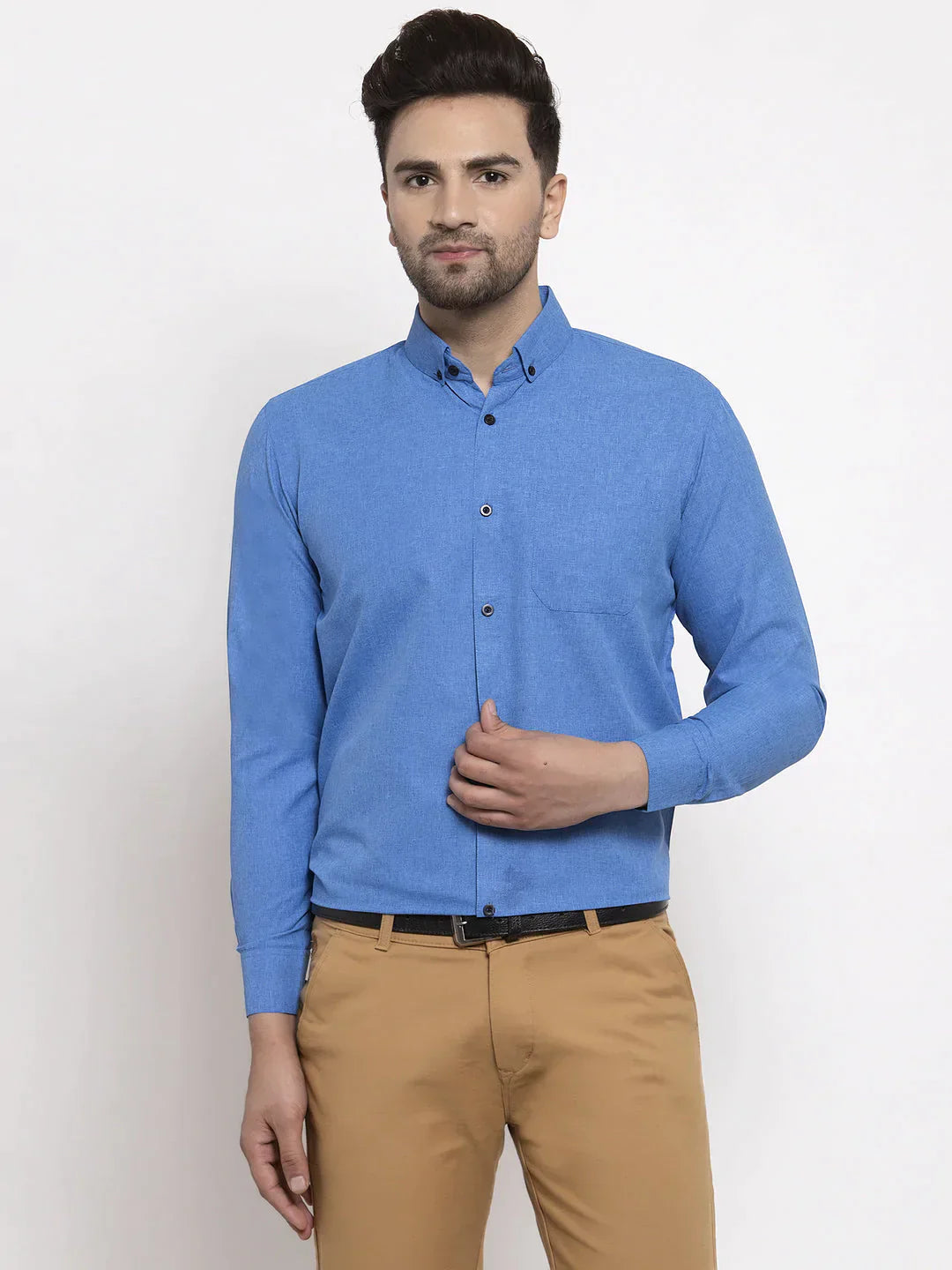 Men's Blue Cotton Solid Button Down Formal Shirts - Taantav