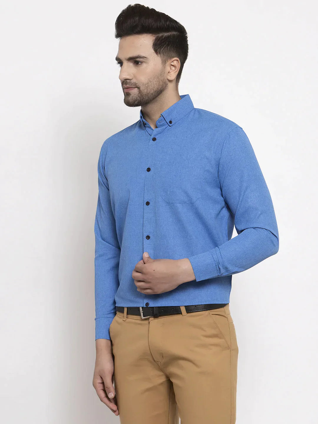 Men's Blue Cotton Solid Button Down Formal Shirts - Taantav