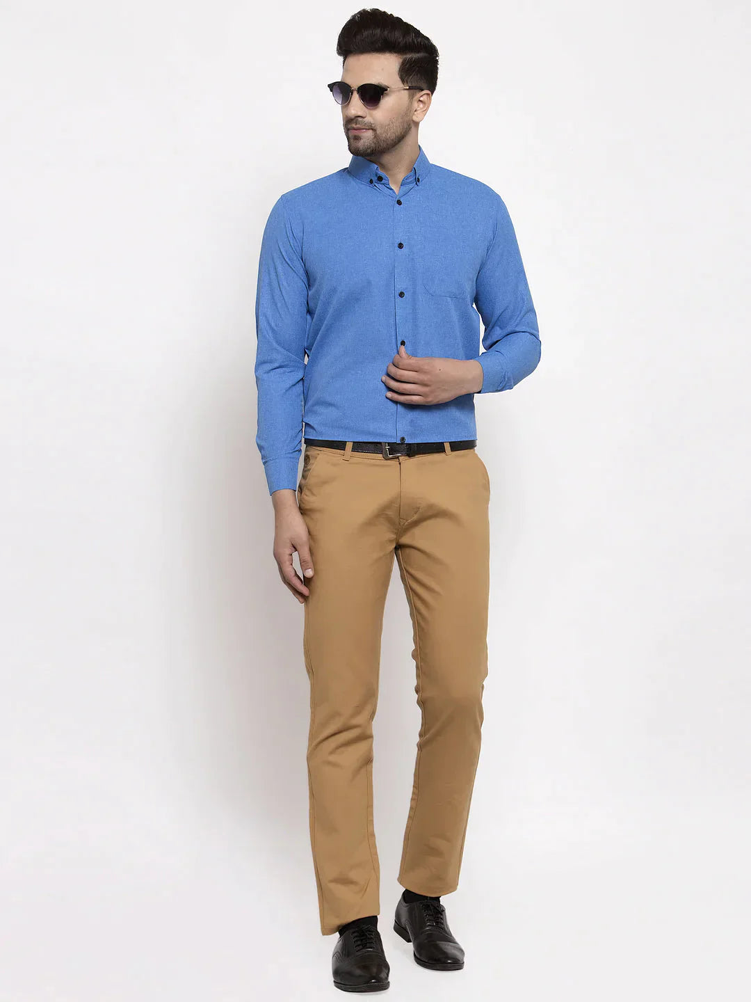 Men's Blue Cotton Solid Button Down Formal Shirts - Taantav