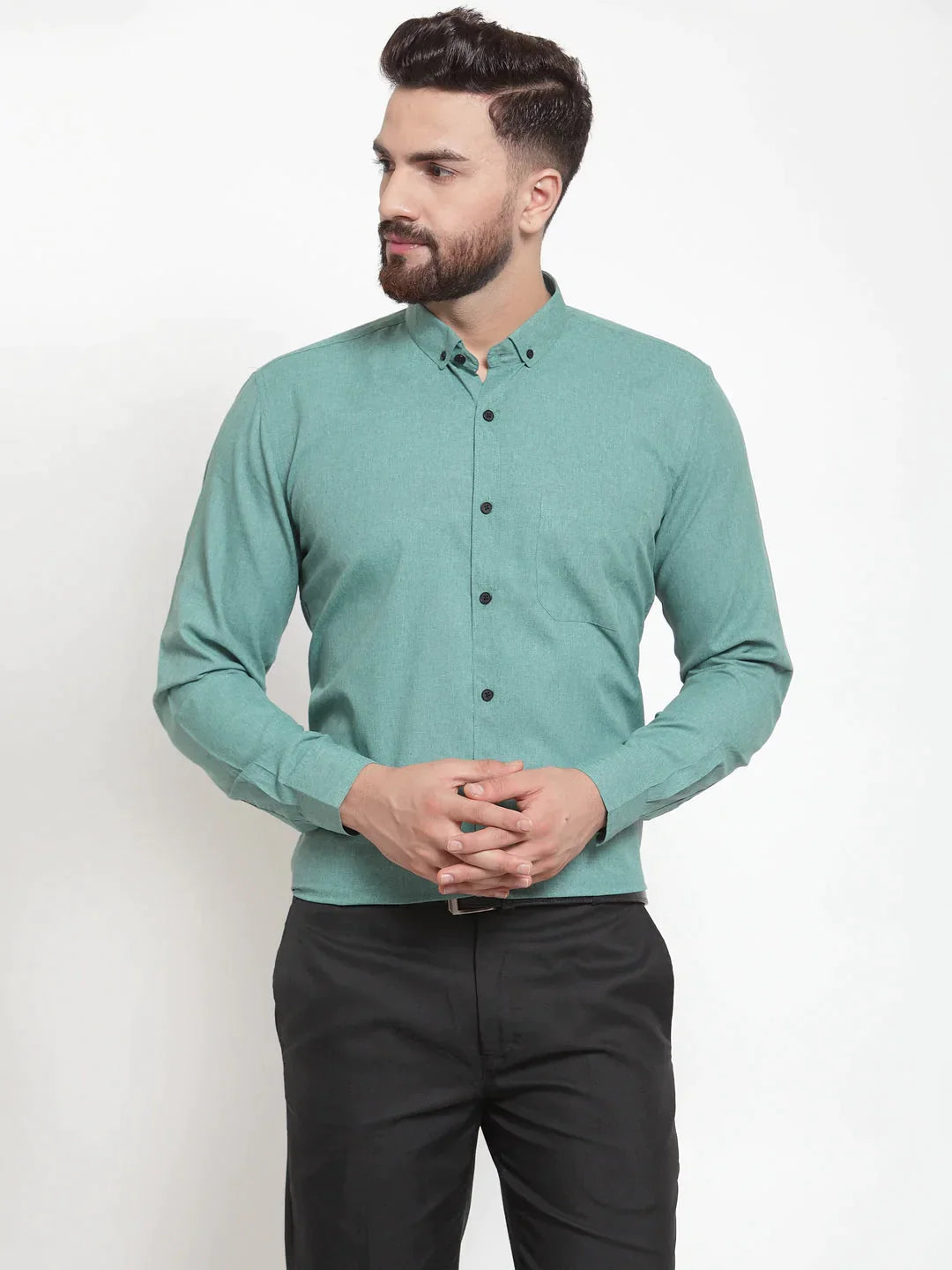 Men's Green Cotton Solid Button Down Formal Shirts - Taantav