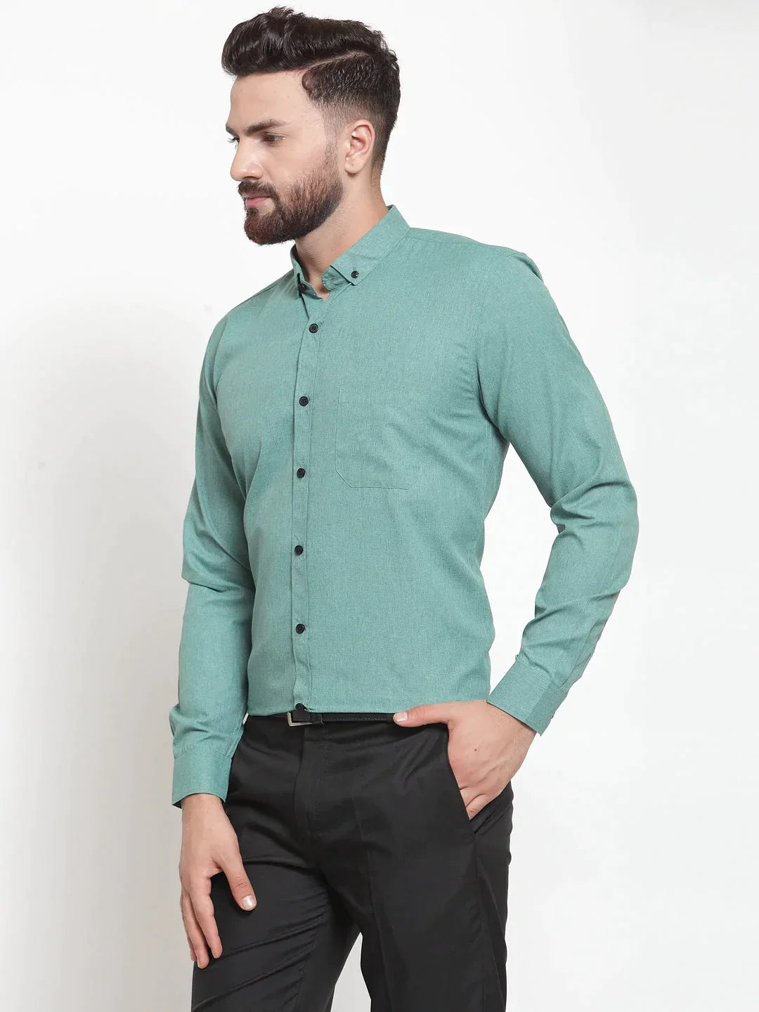 Men's Green Cotton Solid Button Down Formal Shirts - Taantav