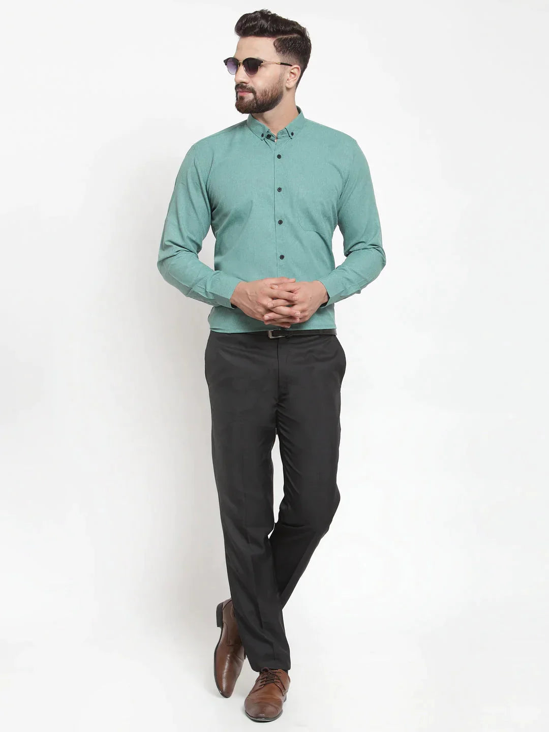 Men's Green Cotton Solid Button Down Formal Shirts - Taantav