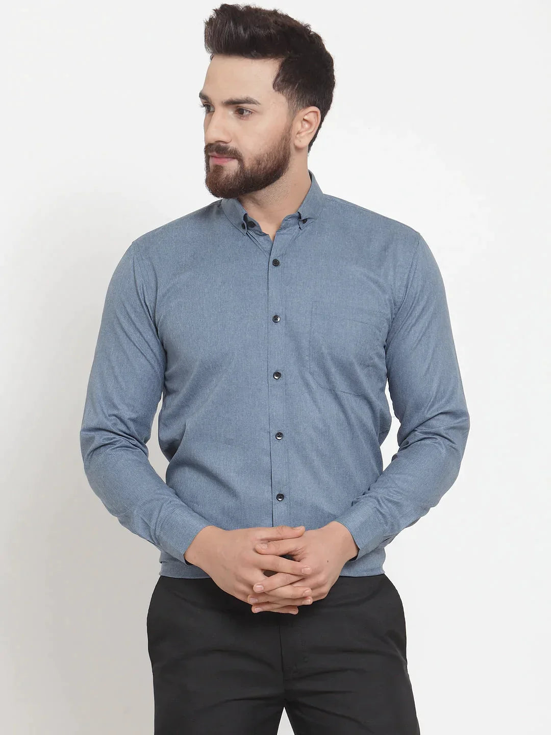 Men's Grey Cotton Solid Button Down Formal Shirts - Taantav