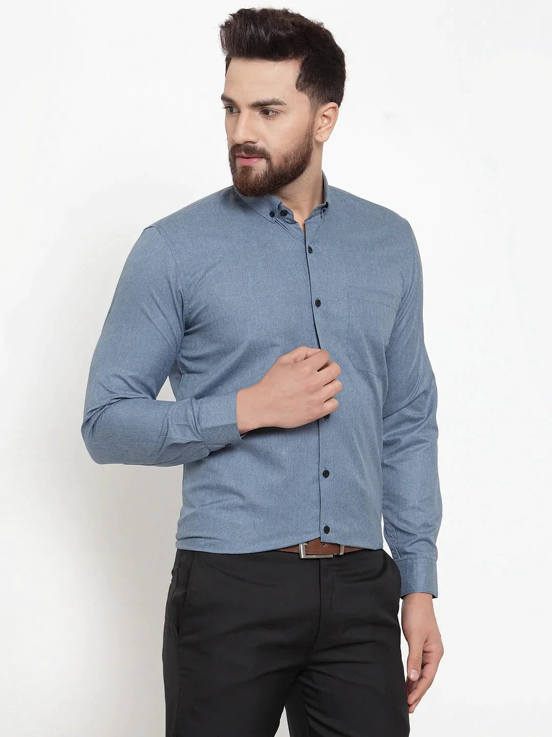 Men's Grey Cotton Solid Button Down Formal Shirts - Taantav