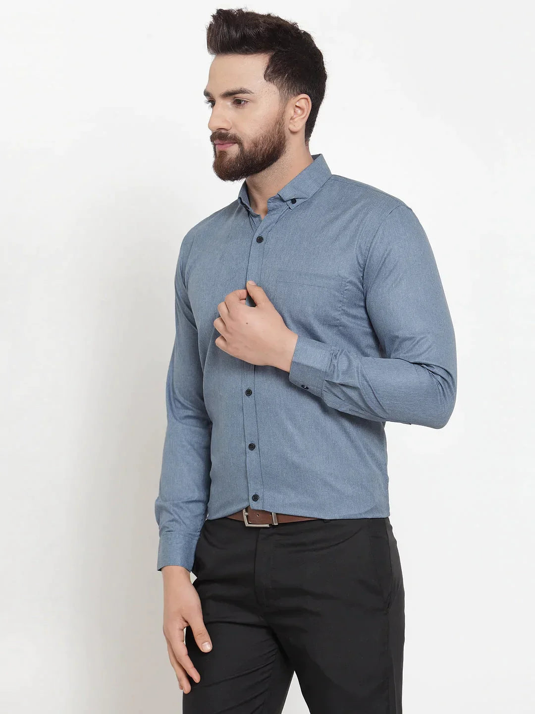 Men's Grey Cotton Solid Button Down Formal Shirts - Taantav