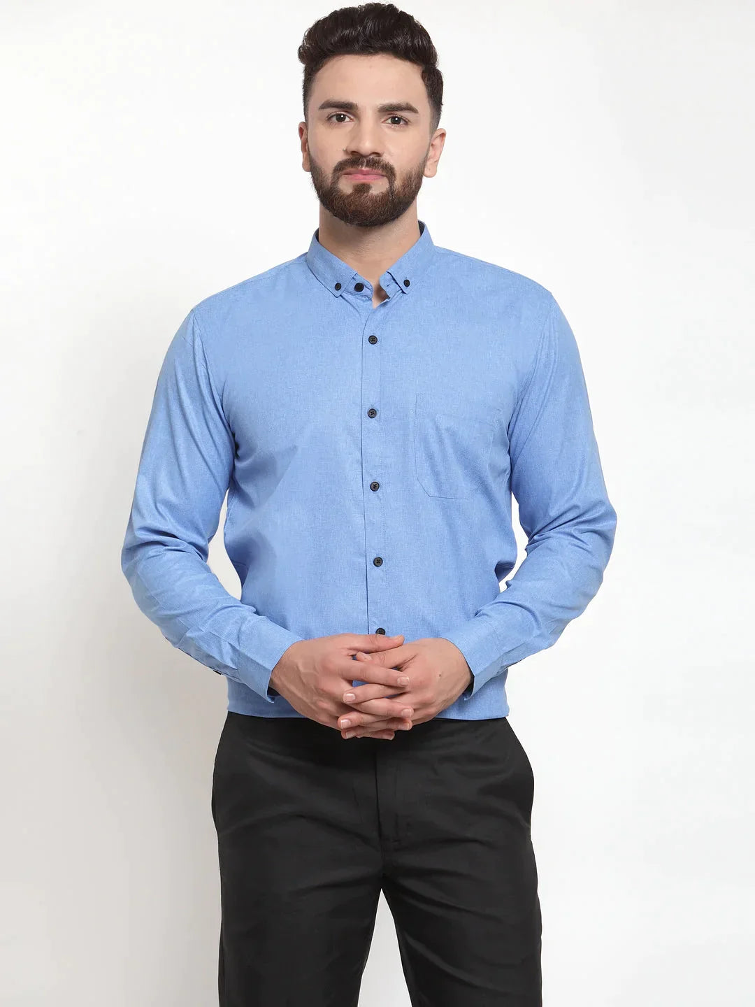 Men's Blue Cotton Solid Button Down Formal Shirts - Taantav