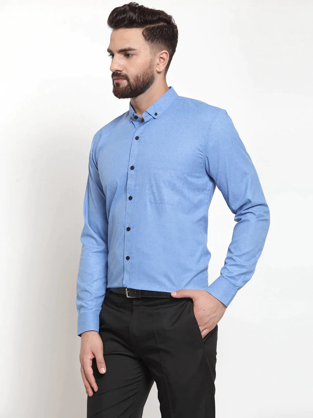 Men's Blue Cotton Solid Button Down Formal Shirts - Taantav