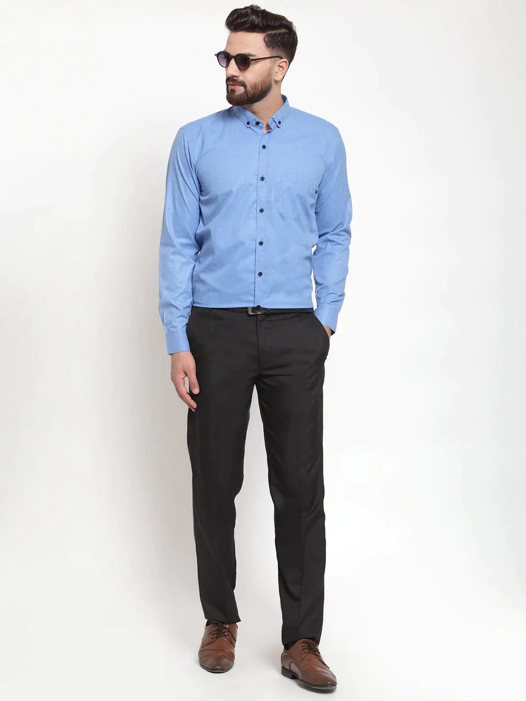 Men's Blue Cotton Solid Button Down Formal Shirts - Taantav