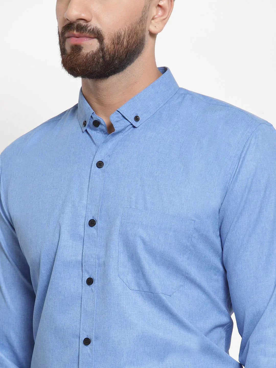 Men's Blue Cotton Solid Button Down Formal Shirts - Taantav