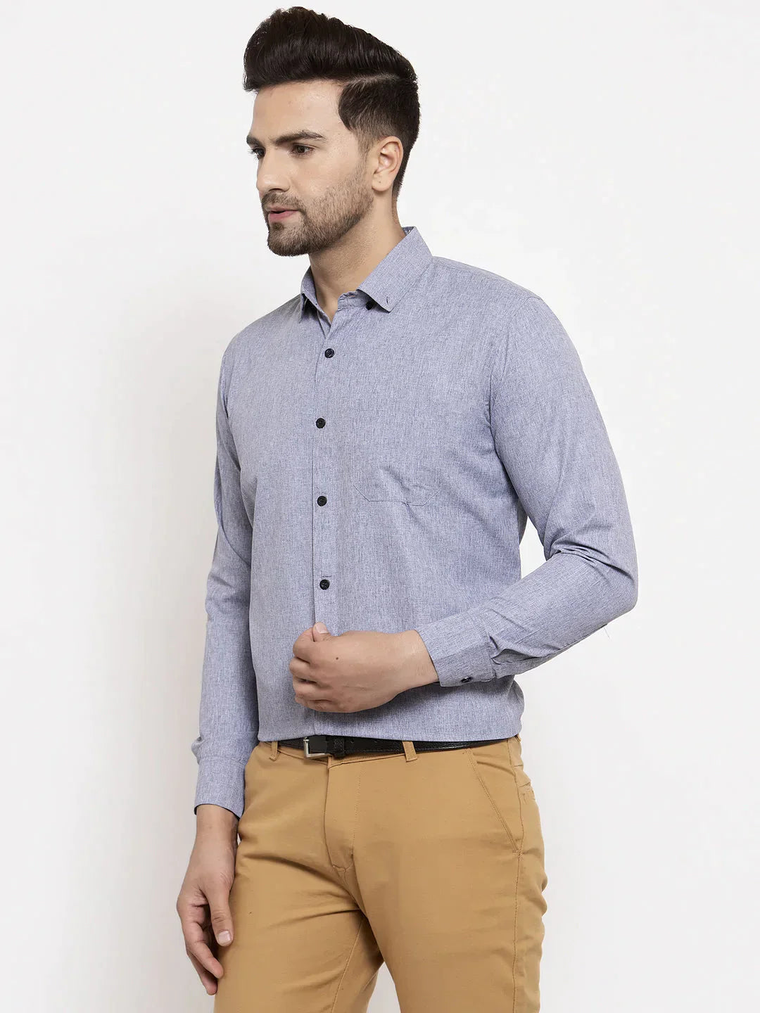 Men's Grey Cotton Solid Button Down Formal Shirts - Taantav