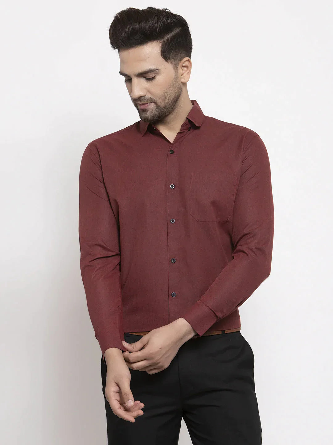 Men's Maroon Cotton Solid Button Down Formal Shirts - Taantav