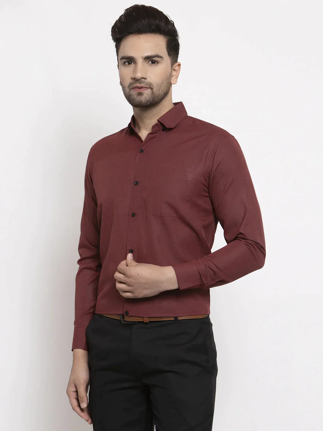 Men's Maroon Cotton Solid Button Down Formal Shirts - Taantav