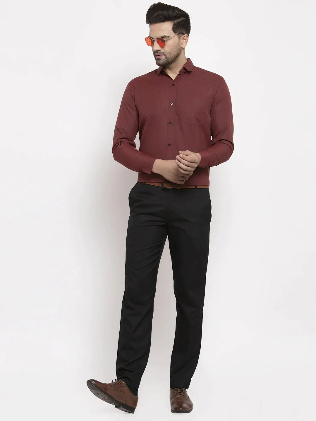 Men's Maroon Cotton Solid Button Down Formal Shirts - Taantav