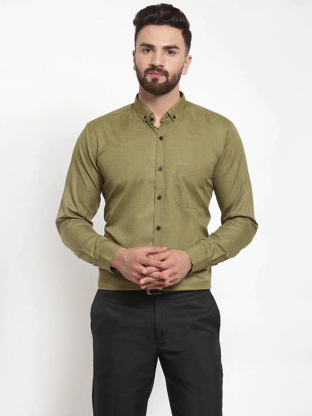 Men's Olive Cotton Solid Button Down Formal Shirts - Taantav