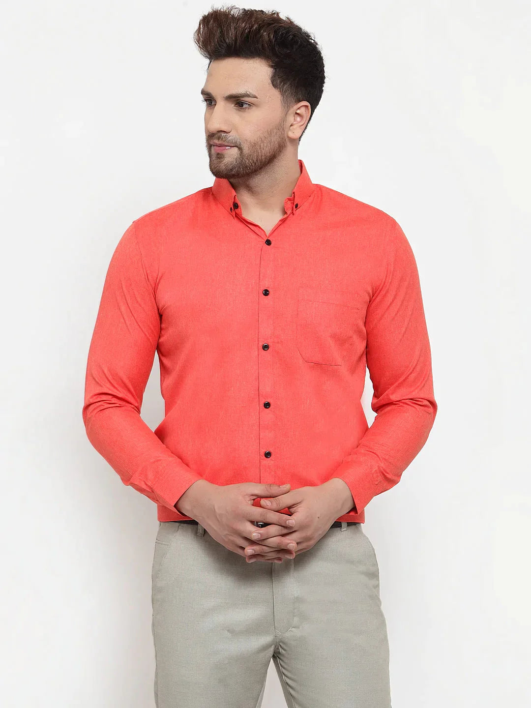 Men's Orange Cotton Solid Button Down Formal Shirts - Taantav