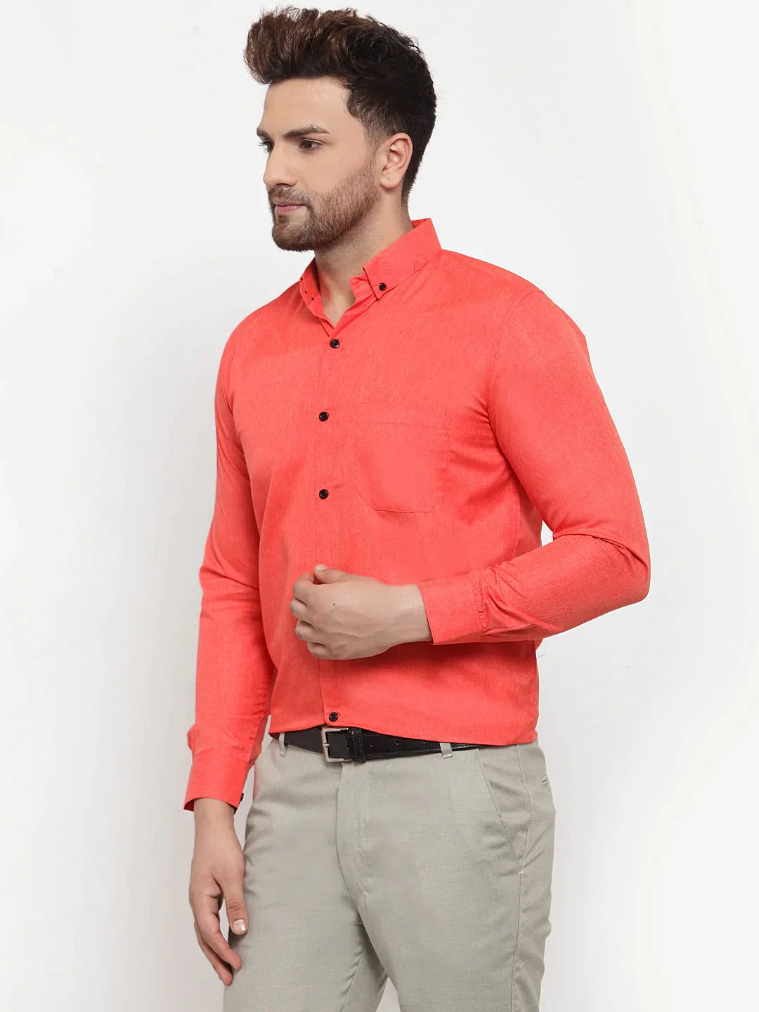 Men's Orange Cotton Solid Button Down Formal Shirts - Taantav