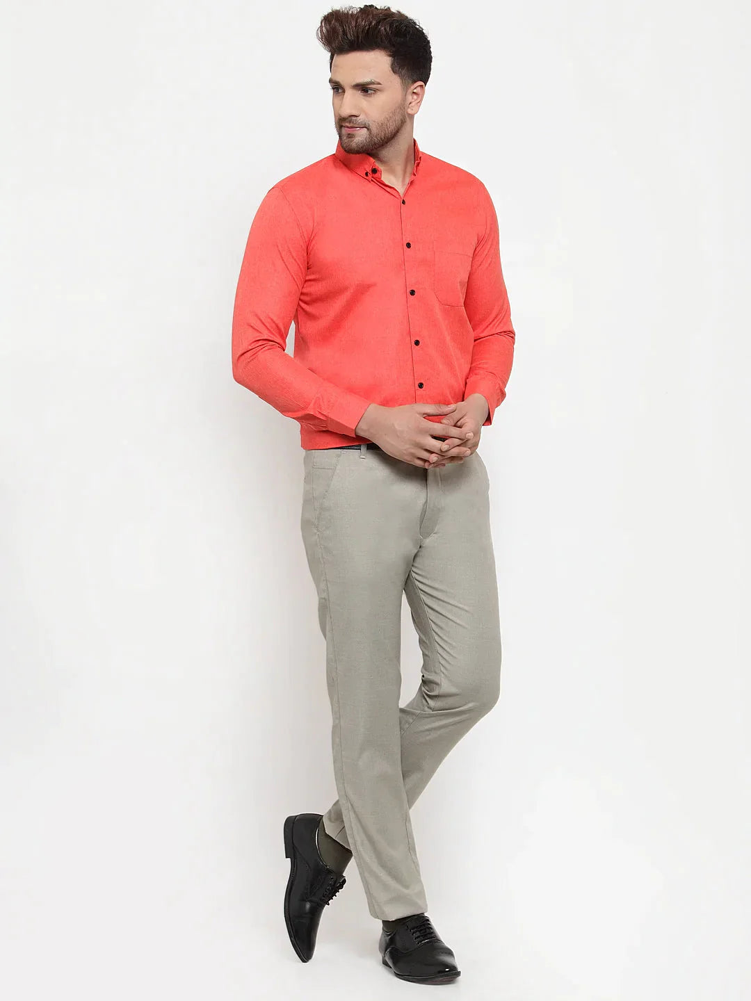 Men's Orange Cotton Solid Button Down Formal Shirts - Taantav