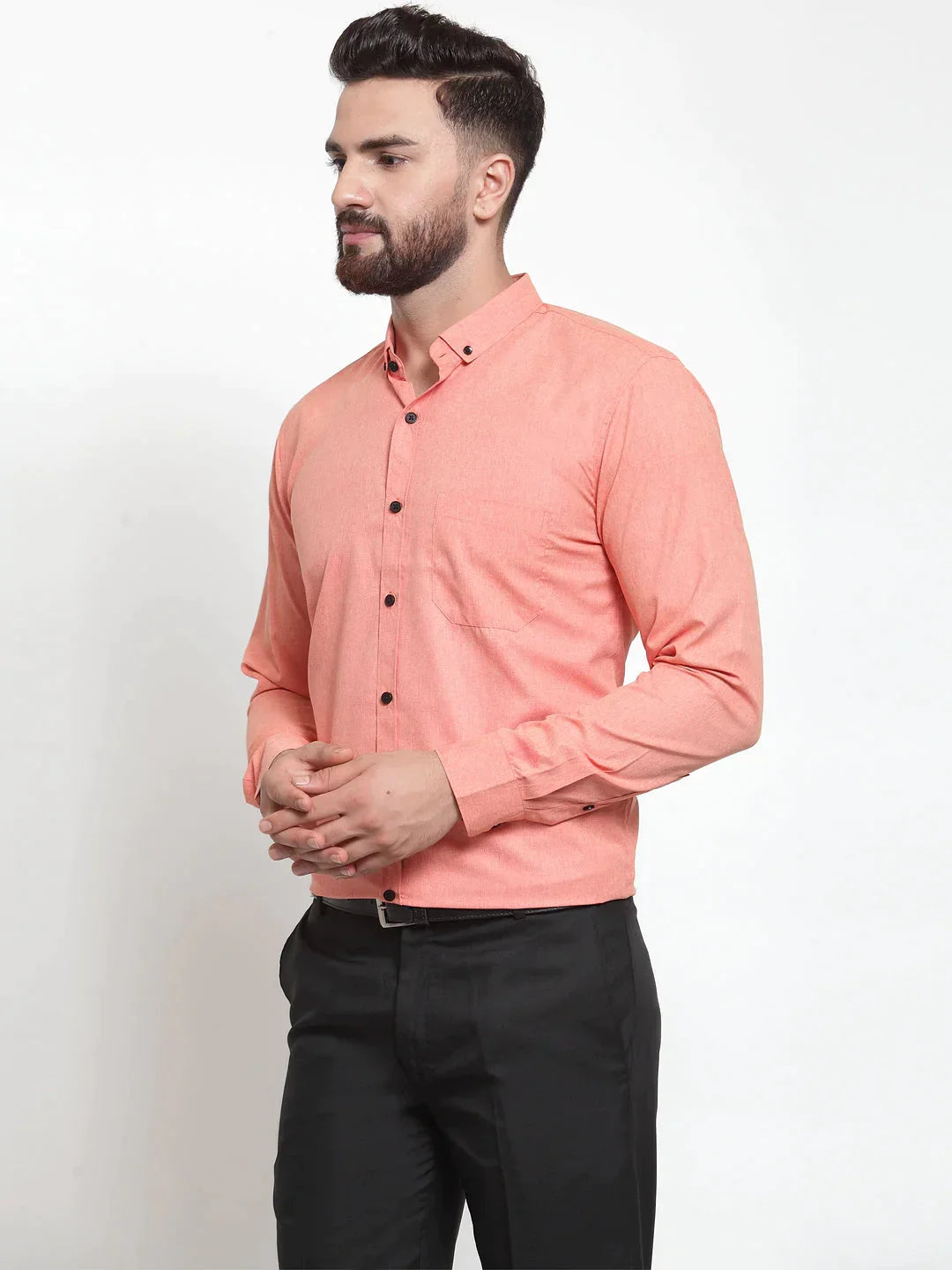 Men's Peach Cotton Solid Button Down Formal Shirts - Taantav