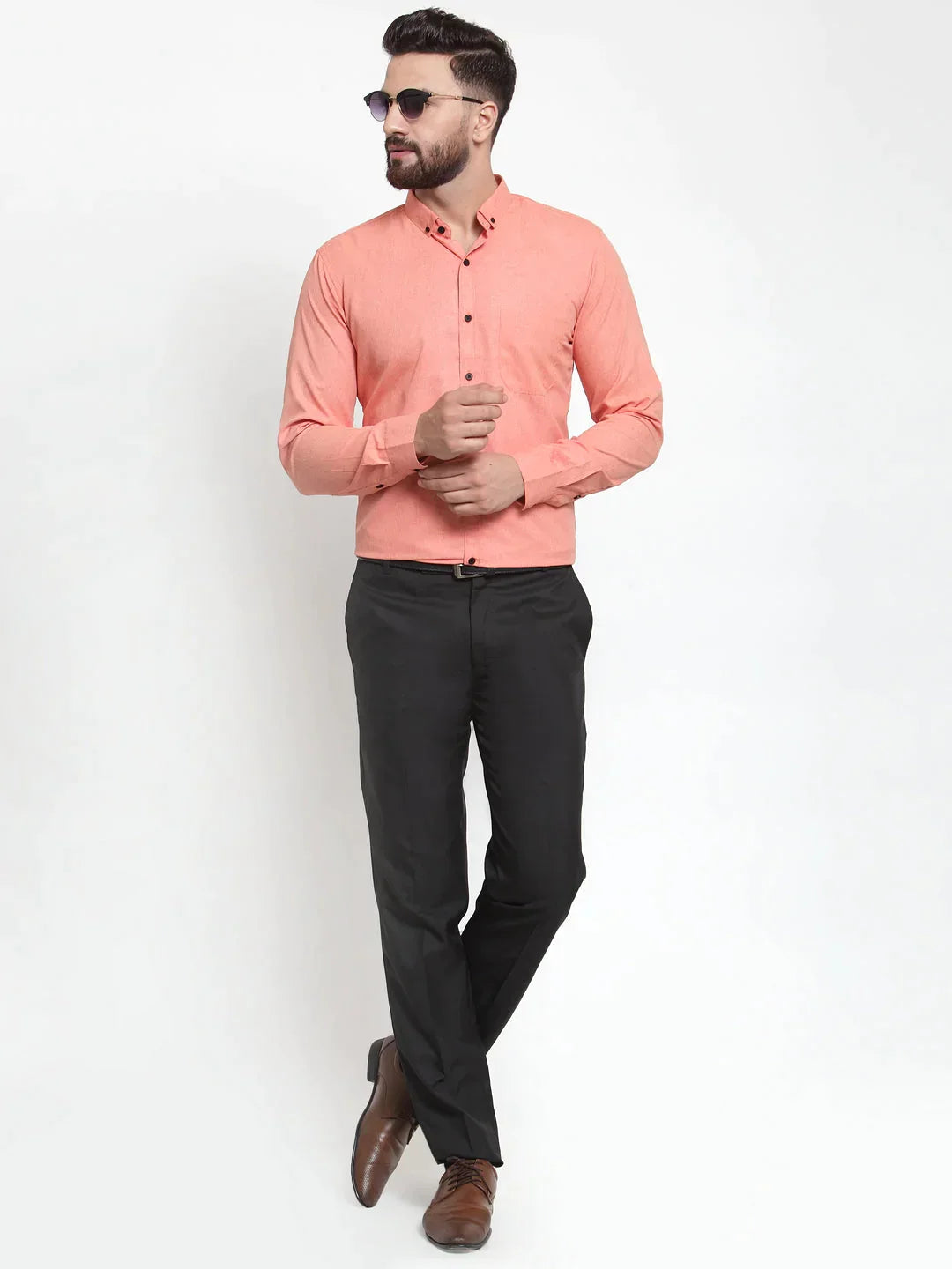 Men's Peach Cotton Solid Button Down Formal Shirts - Taantav