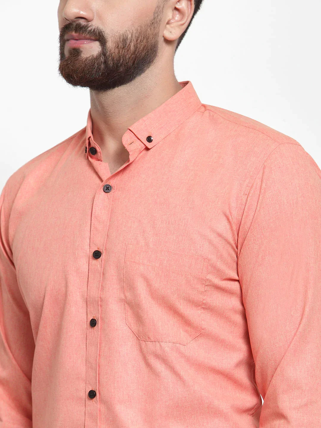 Men's Peach Cotton Solid Button Down Formal Shirts - Taantav