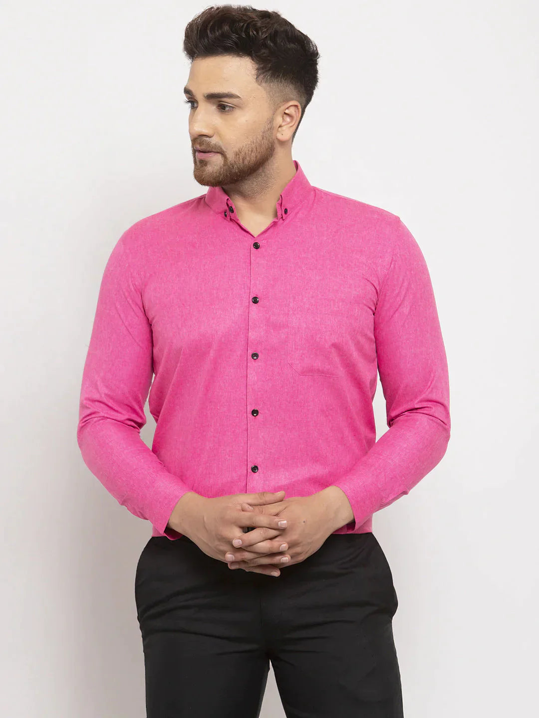 Men's Pink Cotton Solid Button Down Formal Shirts - Taantav