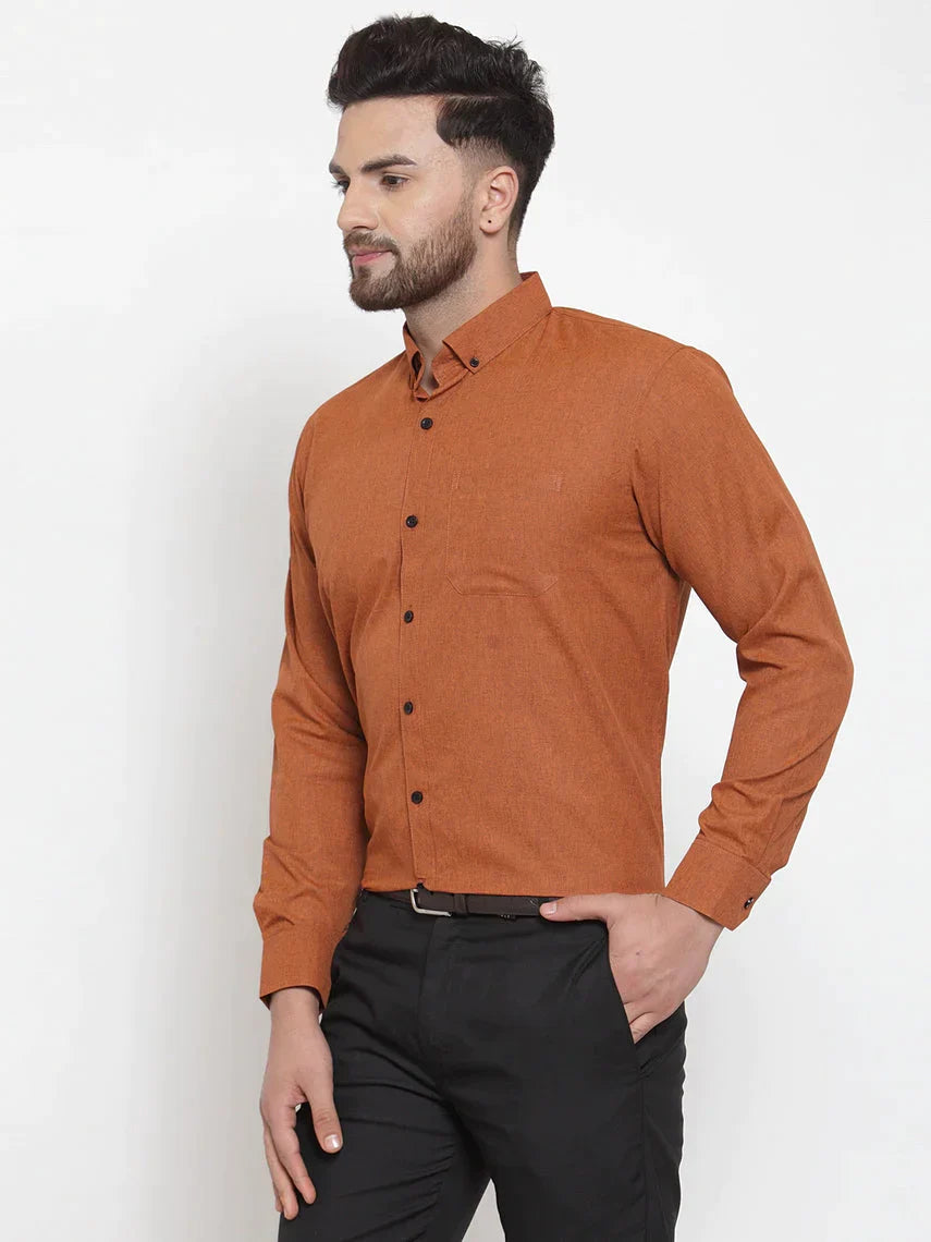 Men's Rust Cotton Solid Button Down Formal Shirts - Taantav