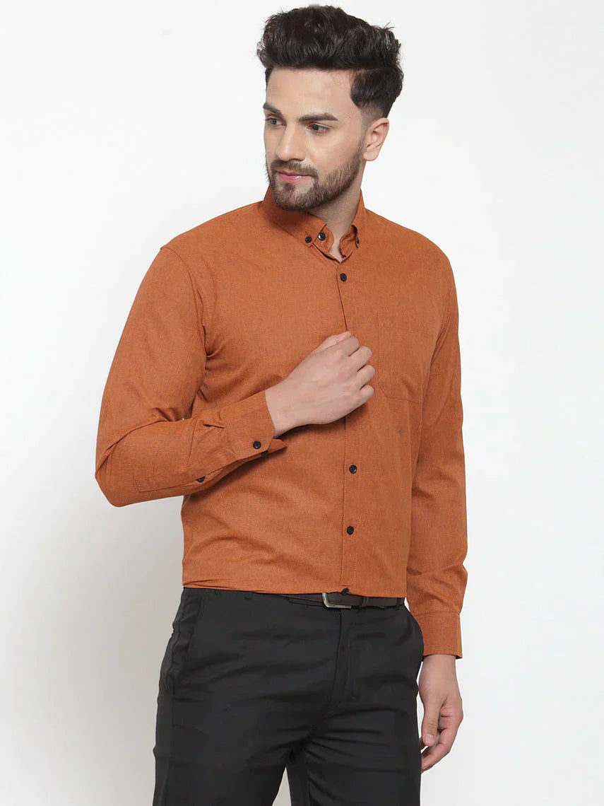 Men's Rust Cotton Solid Button Down Formal Shirts - Taantav