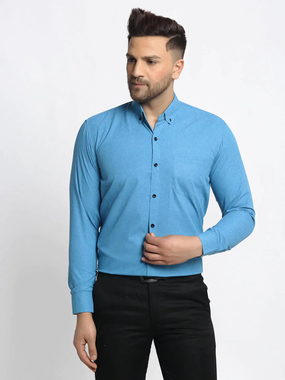 Men's Blue Cotton Solid Button Down Formal Shirts - Taantav