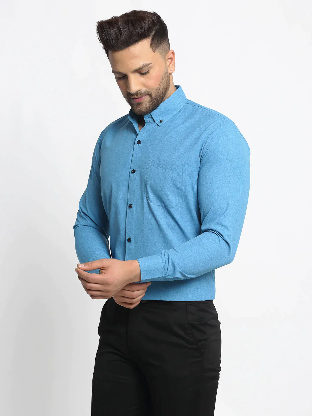 Men's Blue Cotton Solid Button Down Formal Shirts - Taantav