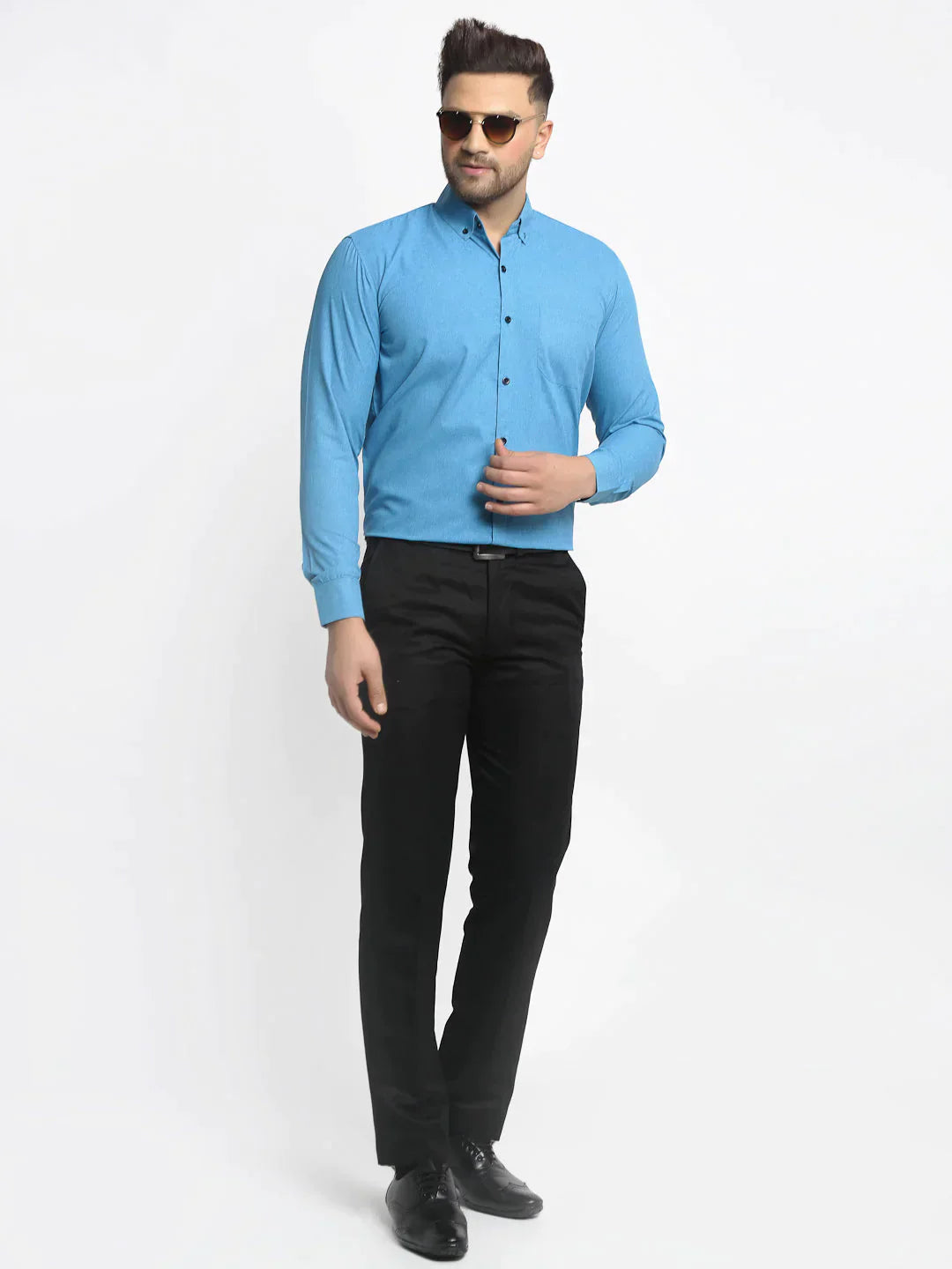 Men's Blue Cotton Solid Button Down Formal Shirts - Taantav