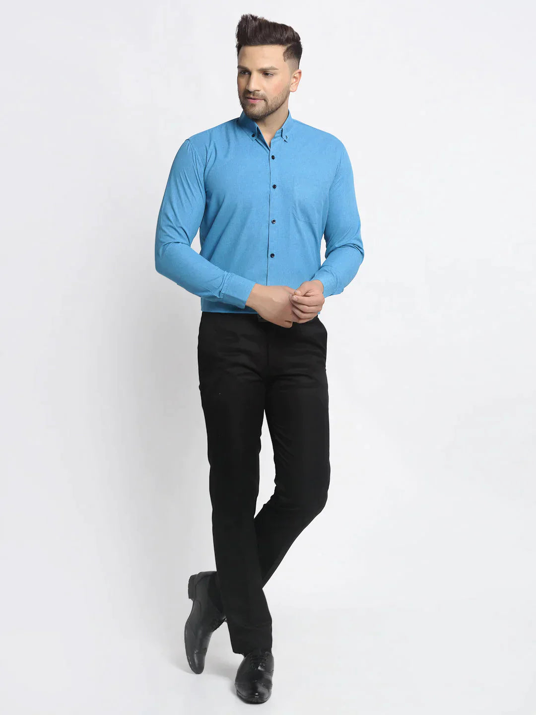 Men's Blue Cotton Solid Button Down Formal Shirts - Taantav