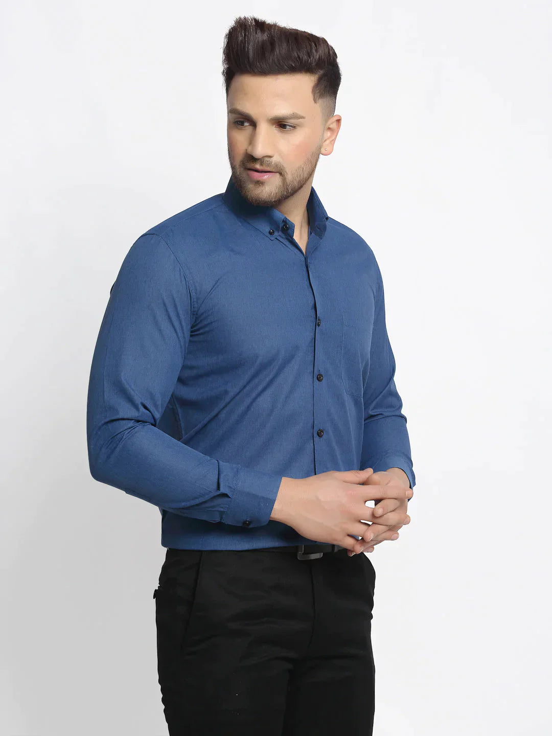 Men's Navy Cotton Solid Button Down Formal Shirts - Taantav