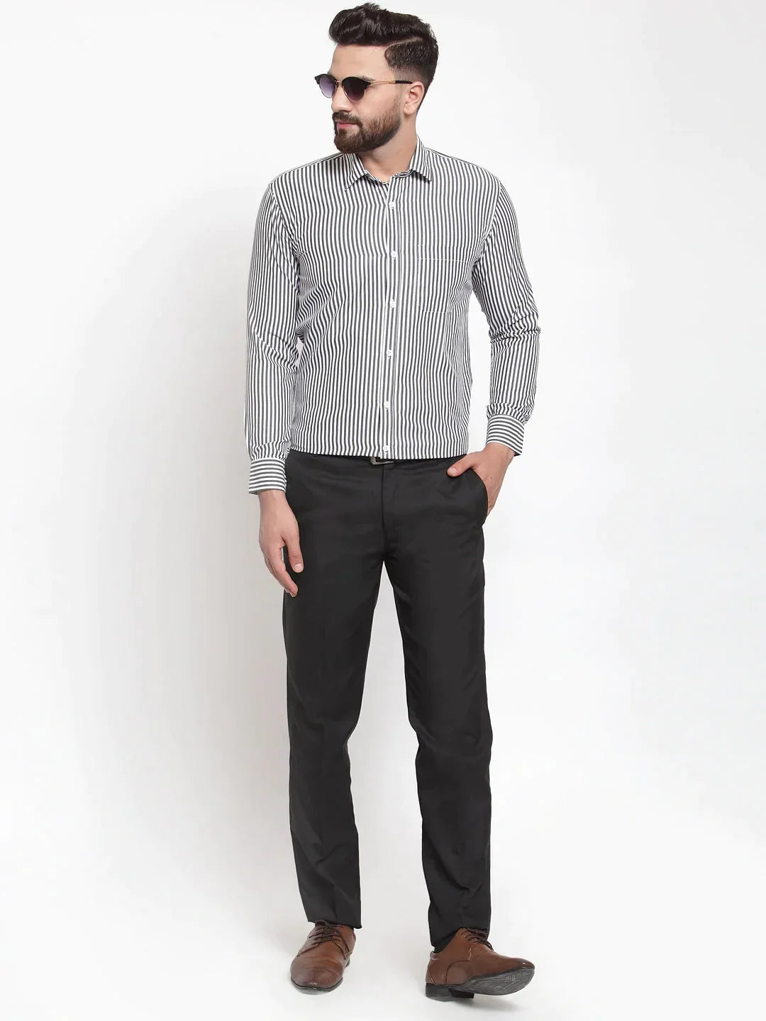 Men's Black Cotton Striped Formal Shirts - Taantav