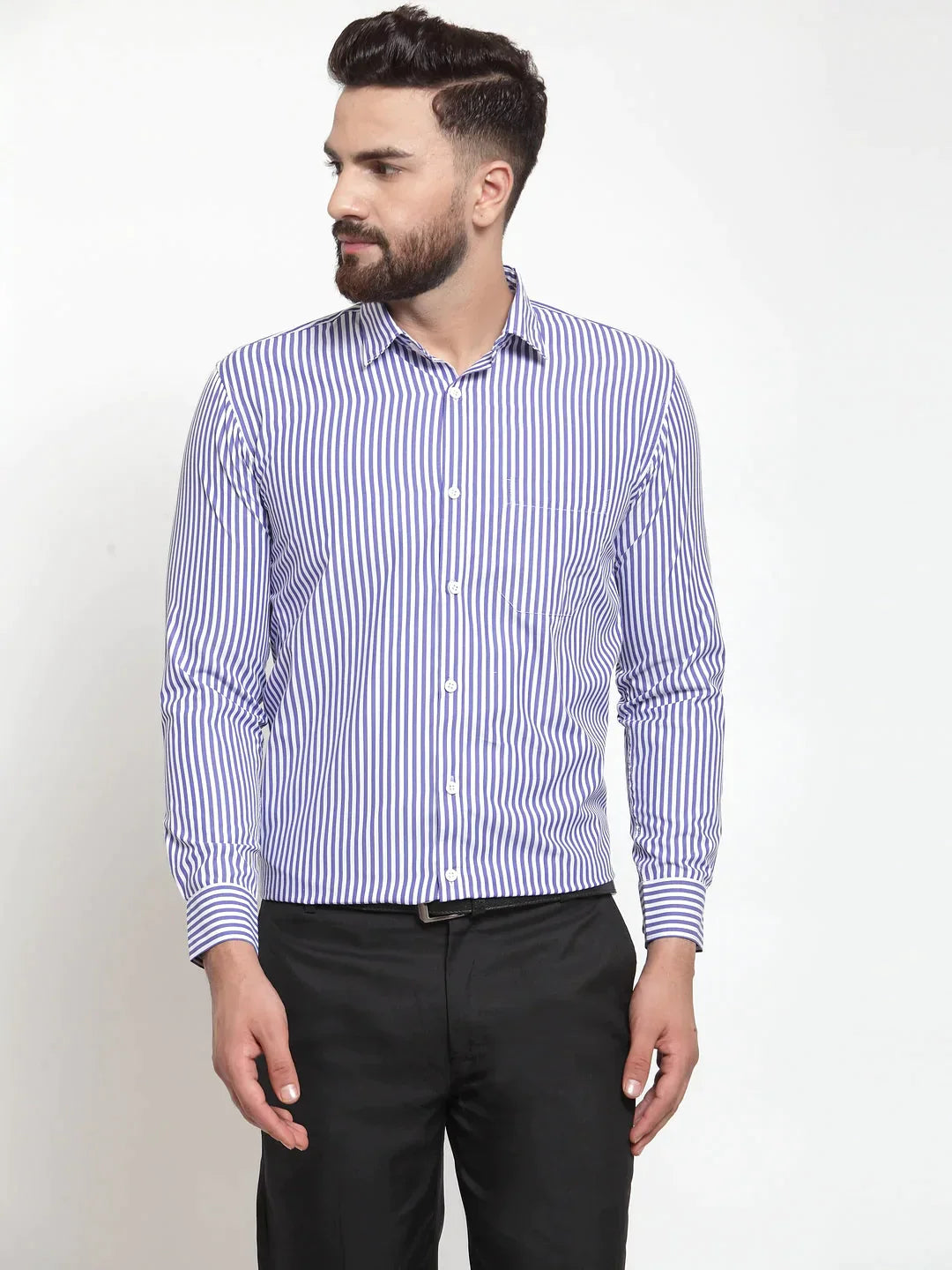 Men's Blue Cotton Striped Formal Shirts - Taantav