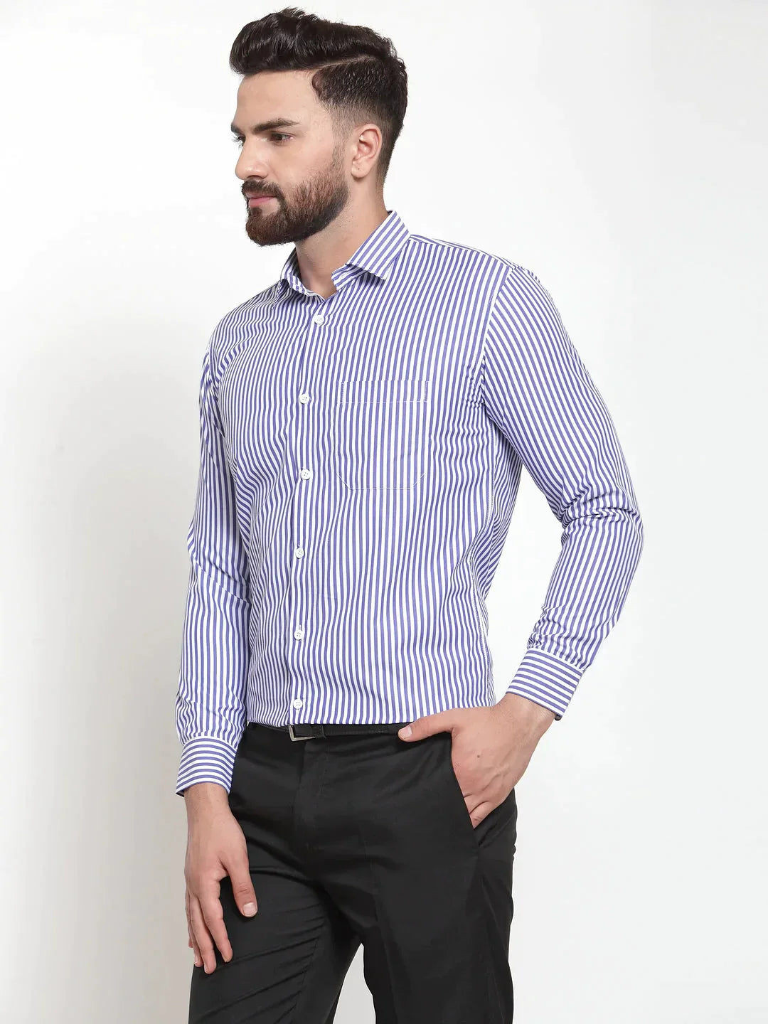 Men's Blue Cotton Striped Formal Shirts - Taantav