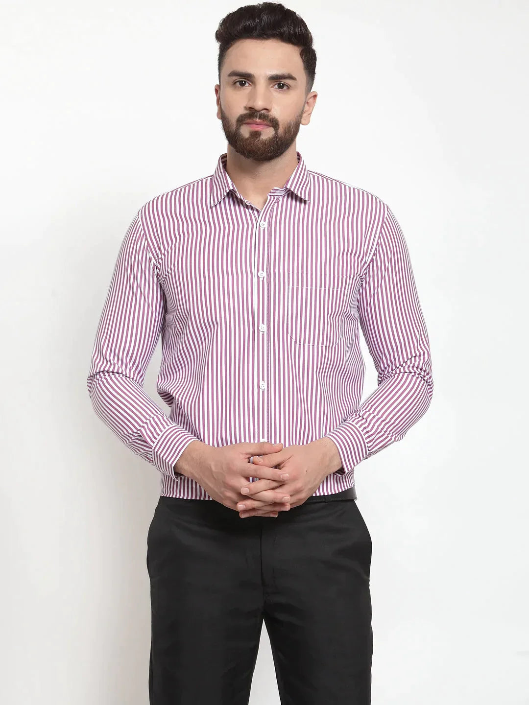 Men's Purple Cotton Striped Formal Shirts - Taantav