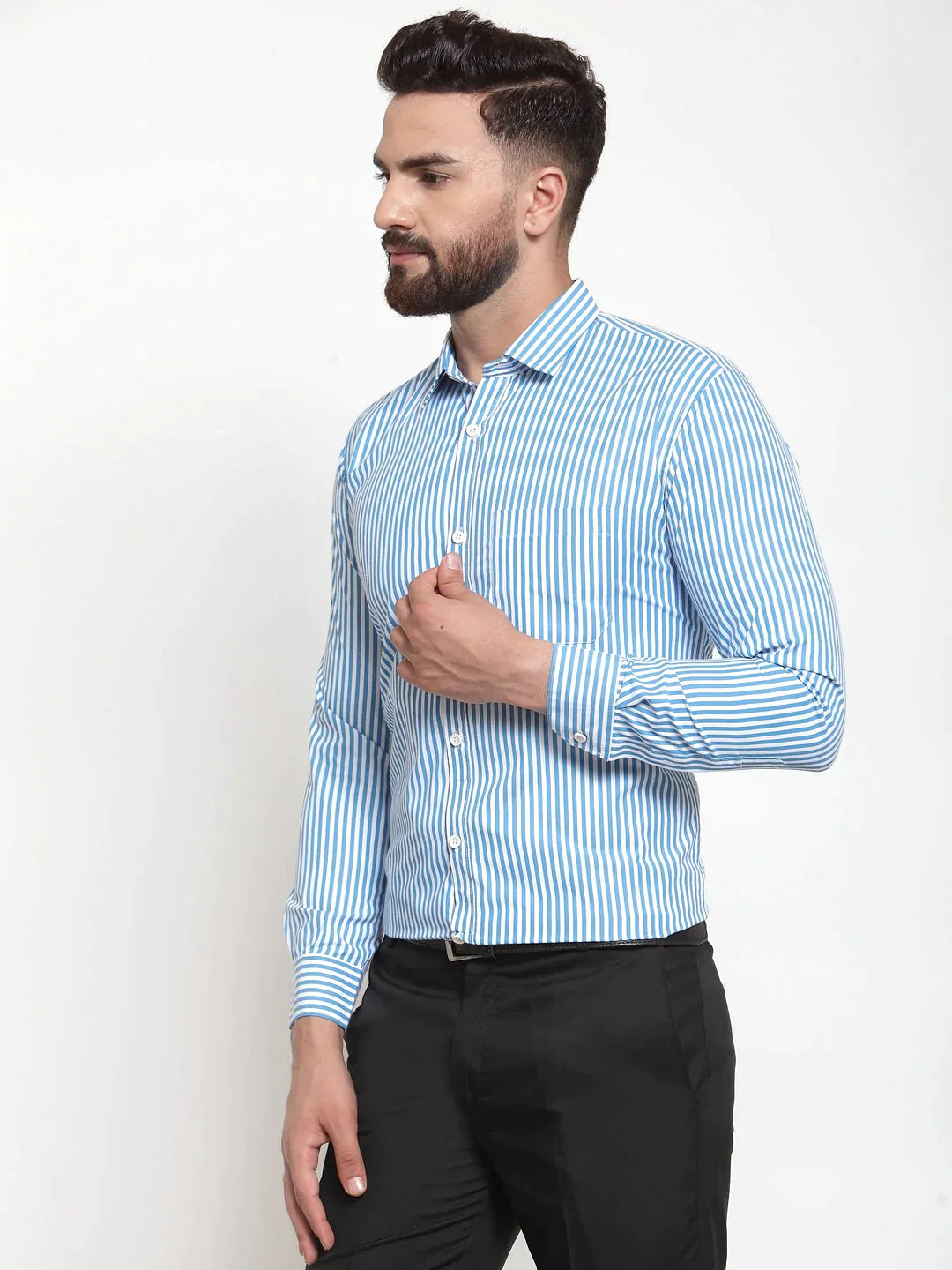 Men's Blue Cotton Striped Formal Shirts - Taantav