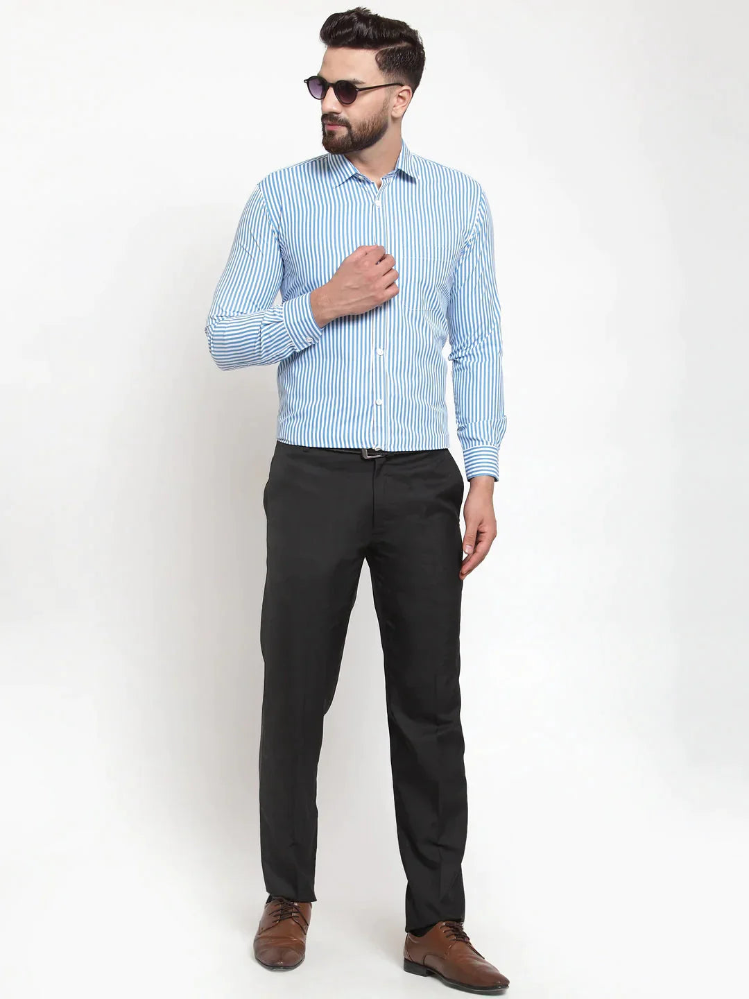 Men's Blue Cotton Striped Formal Shirts - Taantav