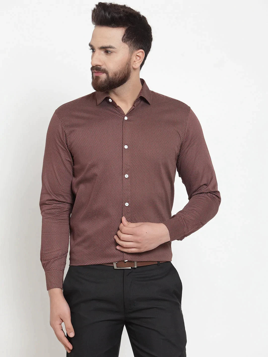 Men's Brown Cotton Polka Dots Formal Shirts - Taantav