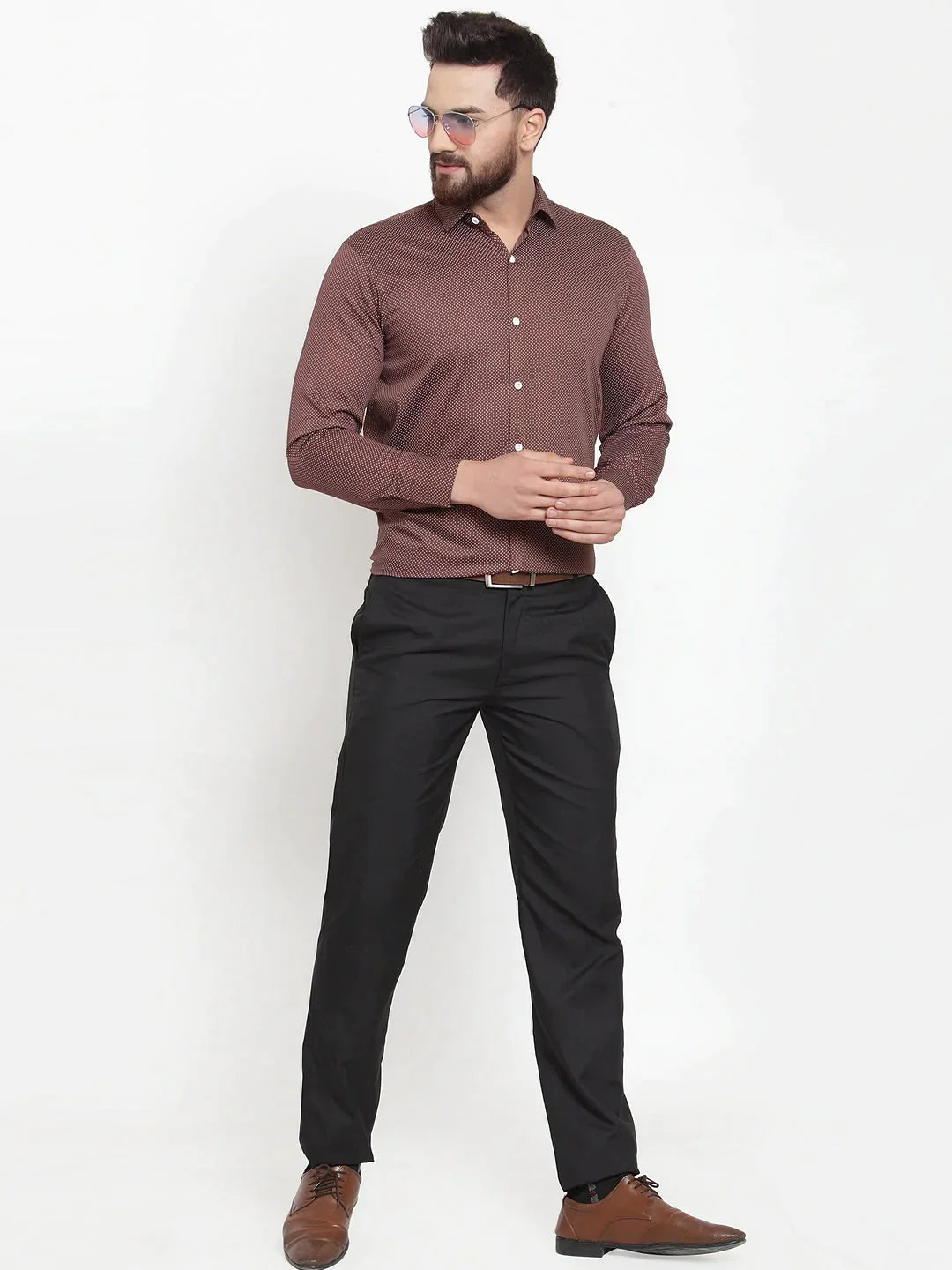 Men's Brown Cotton Polka Dots Formal Shirts - Taantav