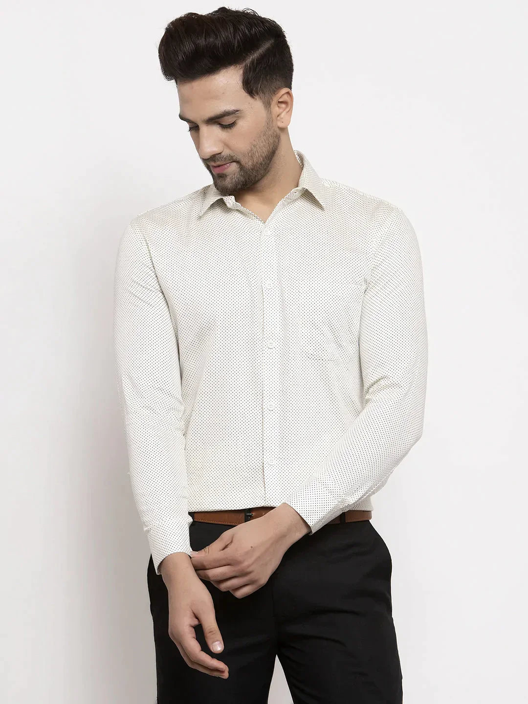 Men's Cream Cotton Polka Dots Formal Shirts - Taantav